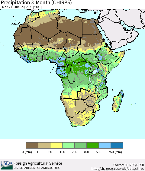 Africa Precipitation 3-Month (CHIRPS) Thematic Map For 3/21/2021 - 6/20/2021