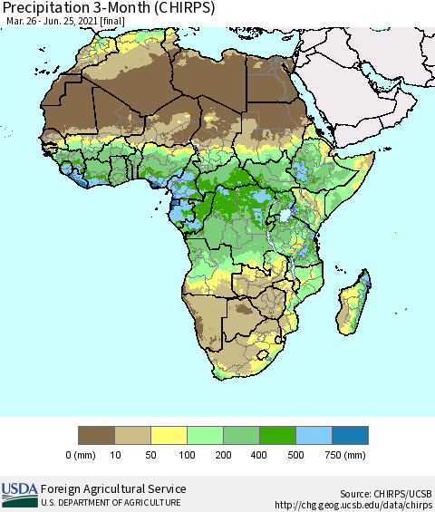 Africa Precipitation 3-Month (CHIRPS) Thematic Map For 3/26/2021 - 6/25/2021