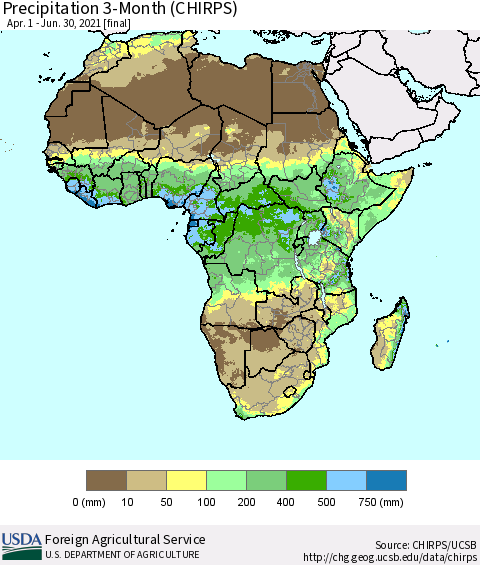Africa Precipitation 3-Month (CHIRPS) Thematic Map For 4/1/2021 - 6/30/2021
