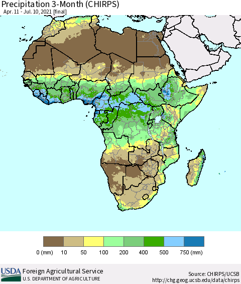 Africa Precipitation 3-Month (CHIRPS) Thematic Map For 4/11/2021 - 7/10/2021