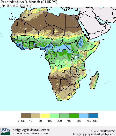 Africa Precipitation 3-Month (CHIRPS) Thematic Map For 4/21/2021 - 7/20/2021
