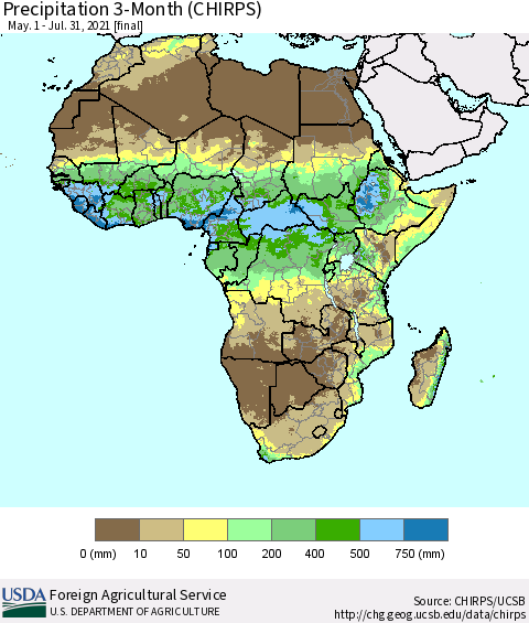 Africa Precipitation 3-Month (CHIRPS) Thematic Map For 5/1/2021 - 7/31/2021