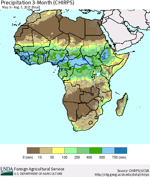 Africa Precipitation 3-Month (CHIRPS) Thematic Map For 5/6/2021 - 8/5/2021