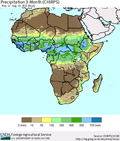 Africa Precipitation 3-Month (CHIRPS) Thematic Map For 5/11/2021 - 8/10/2021