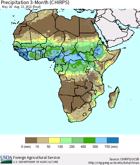 Africa Precipitation 3-Month (CHIRPS) Thematic Map For 5/16/2021 - 8/15/2021
