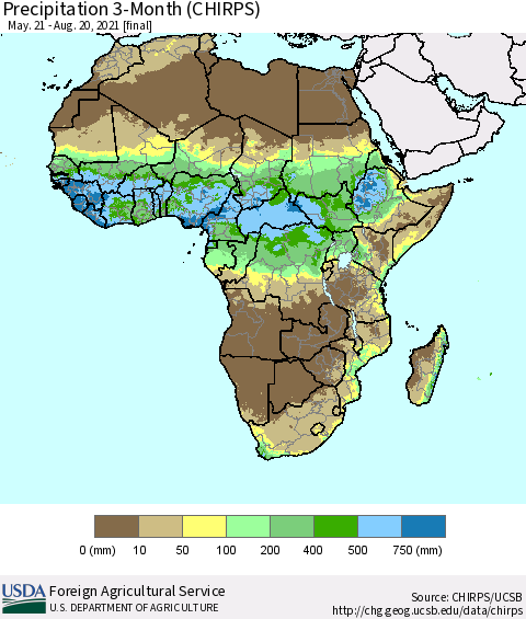 Africa Precipitation 3-Month (CHIRPS) Thematic Map For 5/21/2021 - 8/20/2021