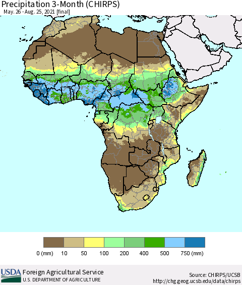 Africa Precipitation 3-Month (CHIRPS) Thematic Map For 5/26/2021 - 8/25/2021