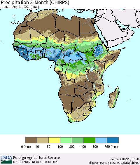 Africa Precipitation 3-Month (CHIRPS) Thematic Map For 6/1/2021 - 8/31/2021
