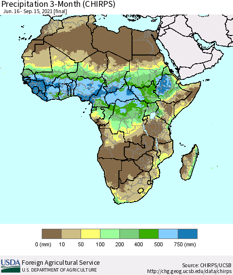 Africa Precipitation 3-Month (CHIRPS) Thematic Map For 6/16/2021 - 9/15/2021