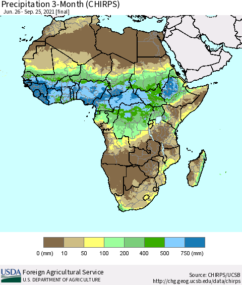 Africa Precipitation 3-Month (CHIRPS) Thematic Map For 6/26/2021 - 9/25/2021