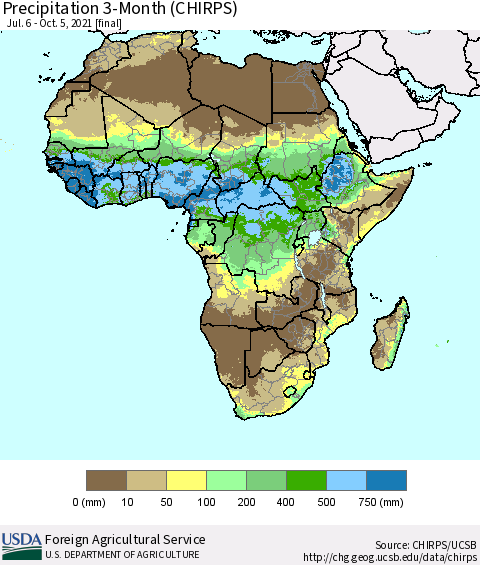 Africa Precipitation 3-Month (CHIRPS) Thematic Map For 7/6/2021 - 10/5/2021