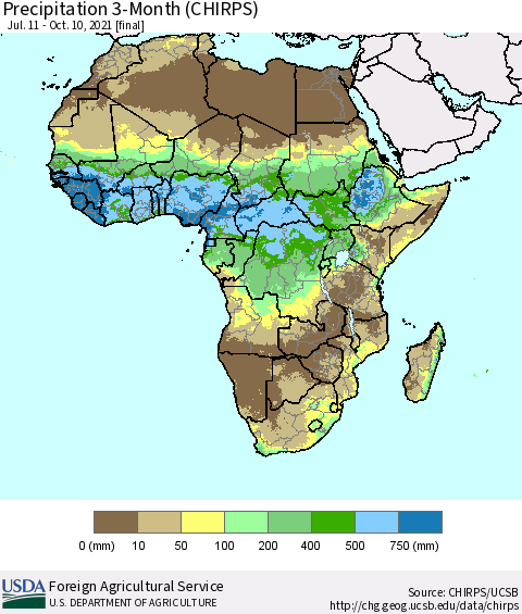 Africa Precipitation 3-Month (CHIRPS) Thematic Map For 7/11/2021 - 10/10/2021