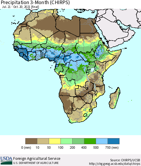 Africa Precipitation 3-Month (CHIRPS) Thematic Map For 7/21/2021 - 10/20/2021
