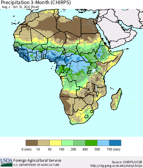 Africa Precipitation 3-Month (CHIRPS) Thematic Map For 8/1/2021 - 10/31/2021