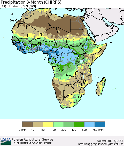 Africa Precipitation 3-Month (CHIRPS) Thematic Map For 8/11/2021 - 11/10/2021