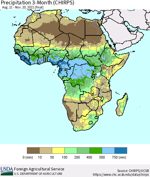 Africa Precipitation 3-Month (CHIRPS) Thematic Map For 8/21/2021 - 11/20/2021