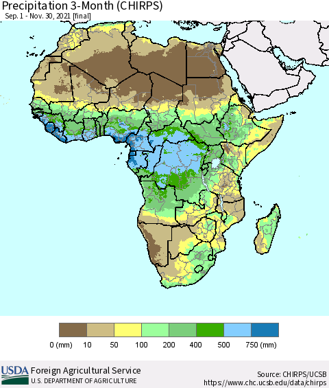 Africa Precipitation 3-Month (CHIRPS) Thematic Map For 9/1/2021 - 11/30/2021