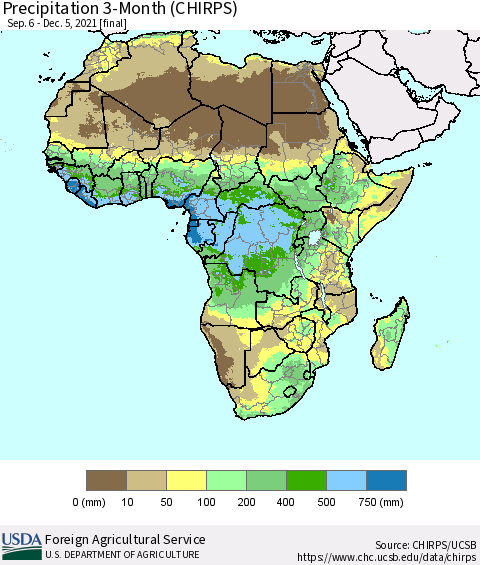 Africa Precipitation 3-Month (CHIRPS) Thematic Map For 9/6/2021 - 12/5/2021