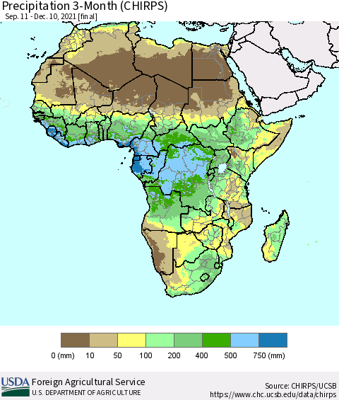 Africa Precipitation 3-Month (CHIRPS) Thematic Map For 9/11/2021 - 12/10/2021