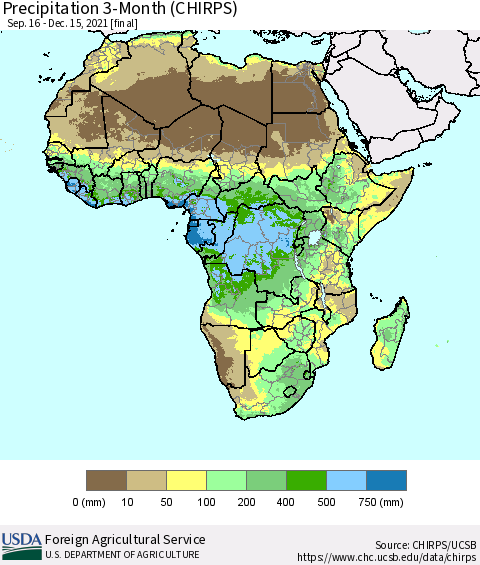 Africa Precipitation 3-Month (CHIRPS) Thematic Map For 9/16/2021 - 12/15/2021