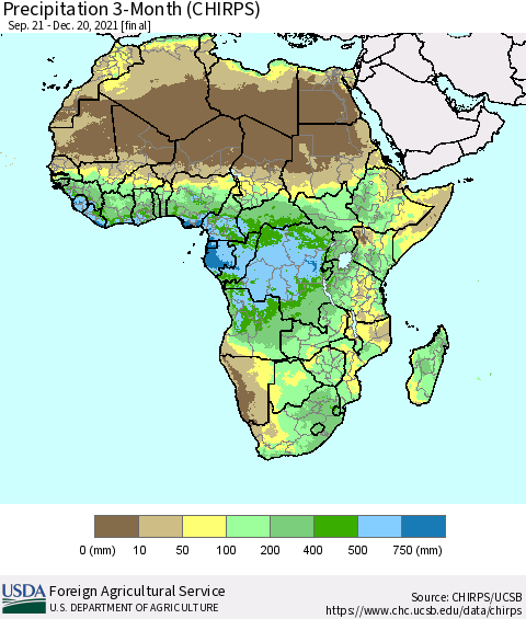 Africa Precipitation 3-Month (CHIRPS) Thematic Map For 9/21/2021 - 12/20/2021