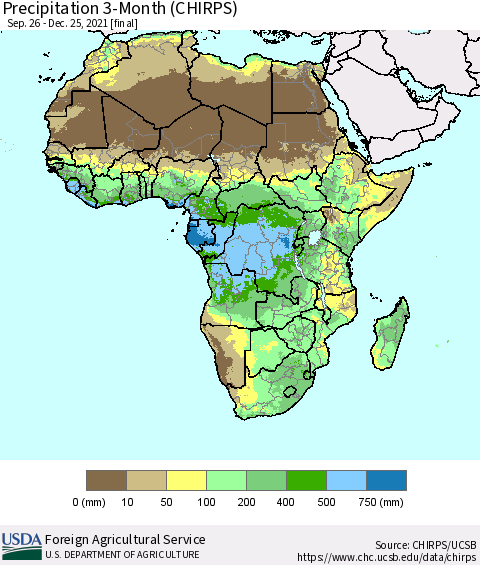 Africa Precipitation 3-Month (CHIRPS) Thematic Map For 9/26/2021 - 12/25/2021