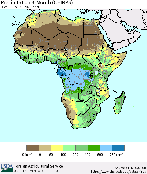 Africa Precipitation 3-Month (CHIRPS) Thematic Map For 10/1/2021 - 12/31/2021