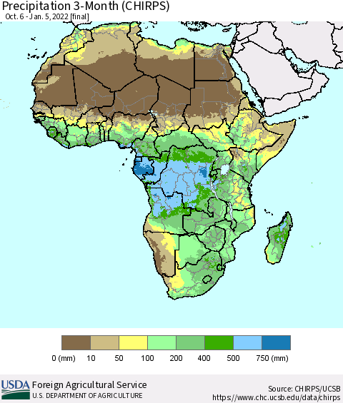 Africa Precipitation 3-Month (CHIRPS) Thematic Map For 10/6/2021 - 1/5/2022
