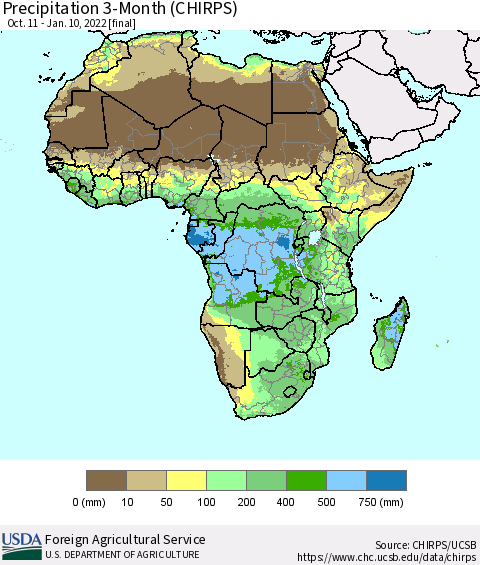 Africa Precipitation 3-Month (CHIRPS) Thematic Map For 10/11/2021 - 1/10/2022