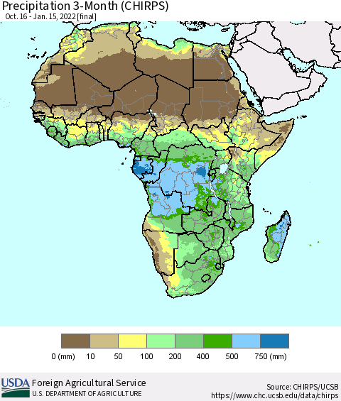 Africa Precipitation 3-Month (CHIRPS) Thematic Map For 10/16/2021 - 1/15/2022