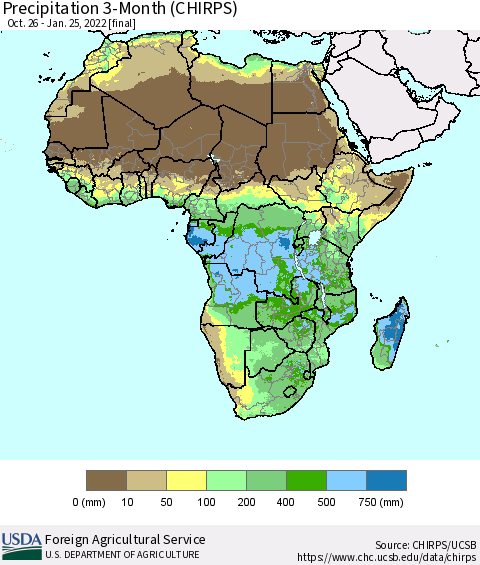 Africa Precipitation 3-Month (CHIRPS) Thematic Map For 10/26/2021 - 1/25/2022