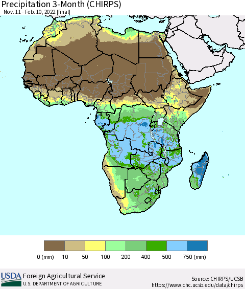 Africa Precipitation 3-Month (CHIRPS) Thematic Map For 11/11/2021 - 2/10/2022