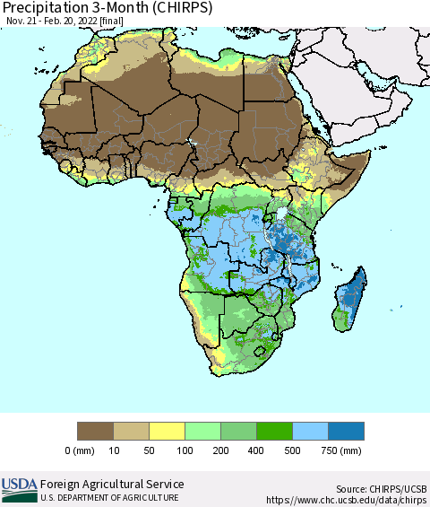 Africa Precipitation 3-Month (CHIRPS) Thematic Map For 11/21/2021 - 2/20/2022