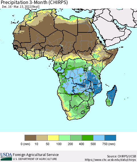 Africa Precipitation 3-Month (CHIRPS) Thematic Map For 12/16/2021 - 3/15/2022