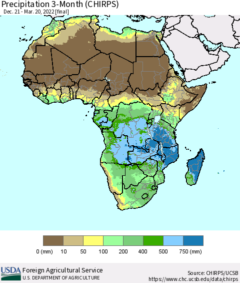 Africa Precipitation 3-Month (CHIRPS) Thematic Map For 12/21/2021 - 3/20/2022