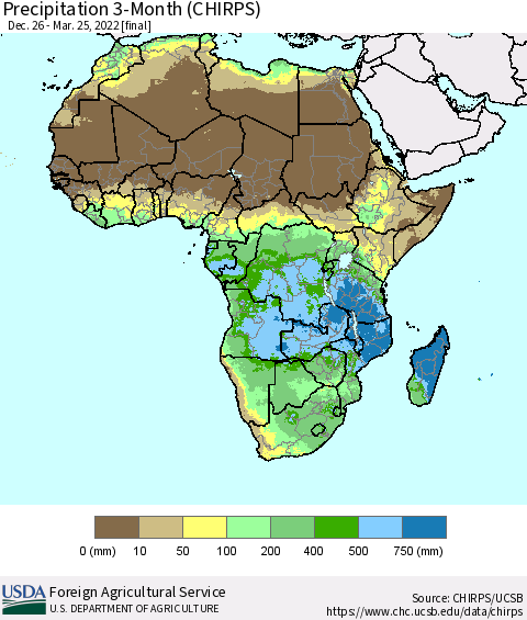 Africa Precipitation 3-Month (CHIRPS) Thematic Map For 12/26/2021 - 3/25/2022