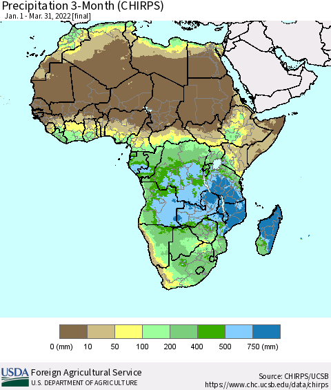 Africa Precipitation 3-Month (CHIRPS) Thematic Map For 1/1/2022 - 3/31/2022