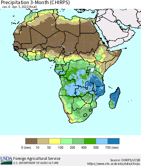 Africa Precipitation 3-Month (CHIRPS) Thematic Map For 1/6/2022 - 4/5/2022