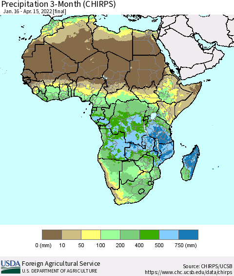 Africa Precipitation 3-Month (CHIRPS) Thematic Map For 1/16/2022 - 4/15/2022
