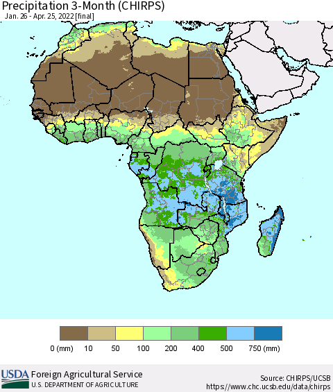 Africa Precipitation 3-Month (CHIRPS) Thematic Map For 1/26/2022 - 4/25/2022