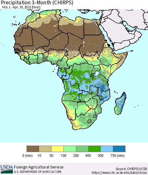 Africa Precipitation 3-Month (CHIRPS) Thematic Map For 2/1/2022 - 4/30/2022