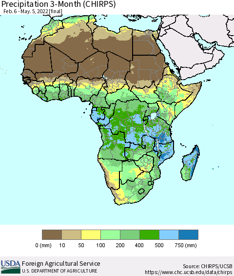 Africa Precipitation 3-Month (CHIRPS) Thematic Map For 2/6/2022 - 5/5/2022