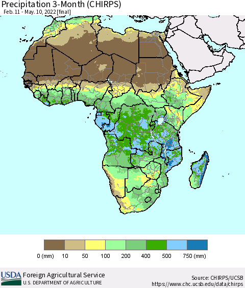 Africa Precipitation 3-Month (CHIRPS) Thematic Map For 2/11/2022 - 5/10/2022