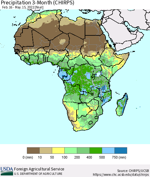 Africa Precipitation 3-Month (CHIRPS) Thematic Map For 2/16/2022 - 5/15/2022