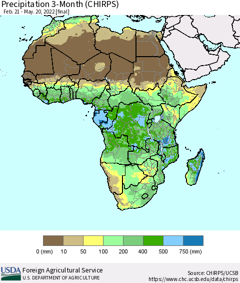 Africa Precipitation 3-Month (CHIRPS) Thematic Map For 2/21/2022 - 5/20/2022