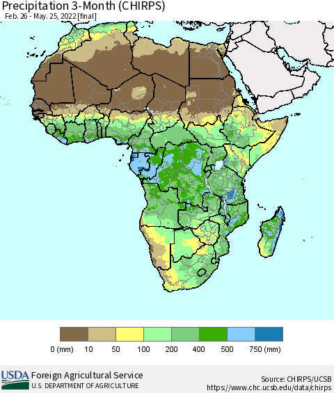 Africa Precipitation 3-Month (CHIRPS) Thematic Map For 2/26/2022 - 5/25/2022