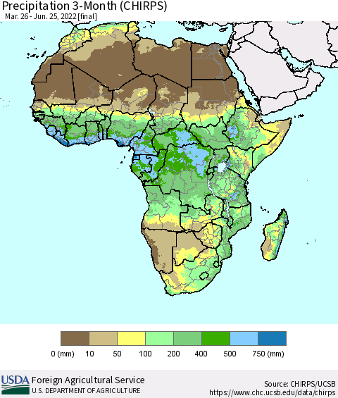 Africa Precipitation 3-Month (CHIRPS) Thematic Map For 3/26/2022 - 6/25/2022