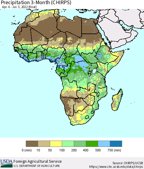 Africa Precipitation 3-Month (CHIRPS) Thematic Map For 4/6/2022 - 7/5/2022