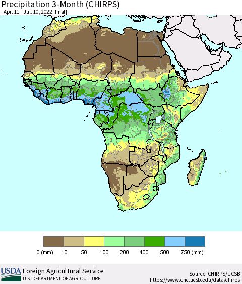 Africa Precipitation 3-Month (CHIRPS) Thematic Map For 4/11/2022 - 7/10/2022