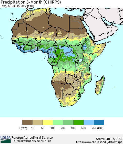 Africa Precipitation 3-Month (CHIRPS) Thematic Map For 4/16/2022 - 7/15/2022